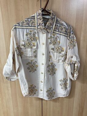 Zimmermann Cream Printed Button-Up Blouse with Yellow & Navy Motif